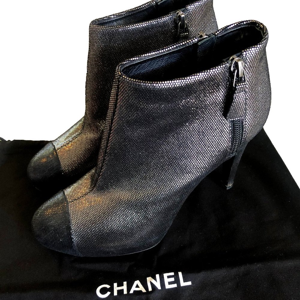 CHANEL Metallic Black & Gray Cap-Toe Ankle Boots